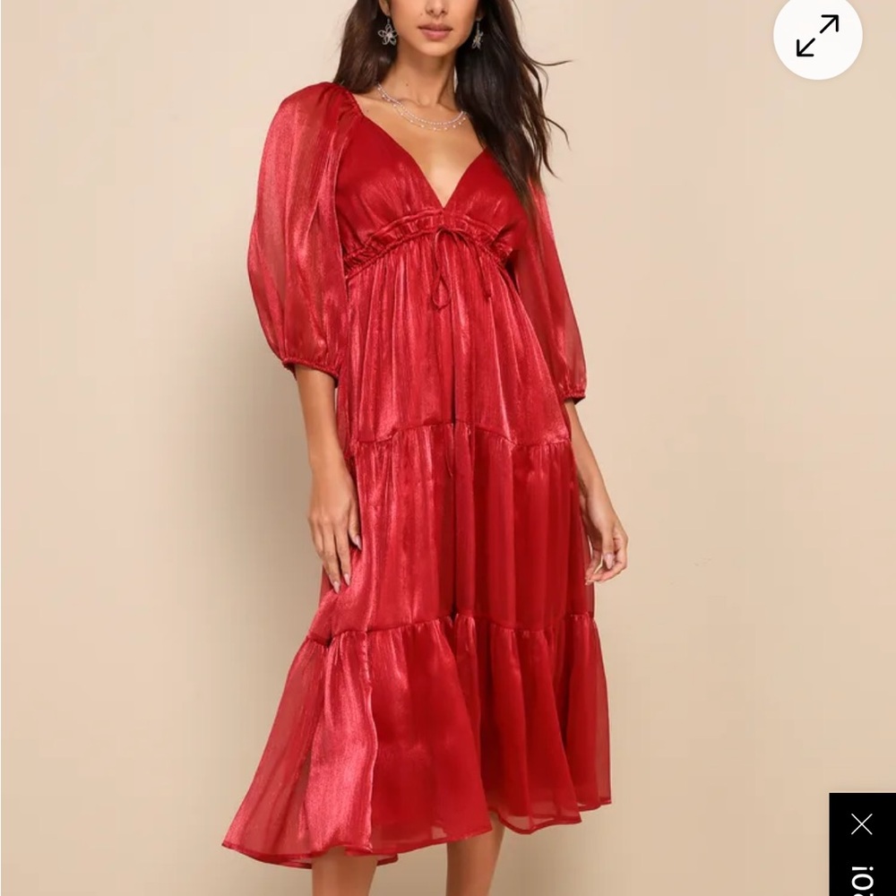 Lulu's Red Ruffled Tiered Midi Dress with Bishop Sleeves